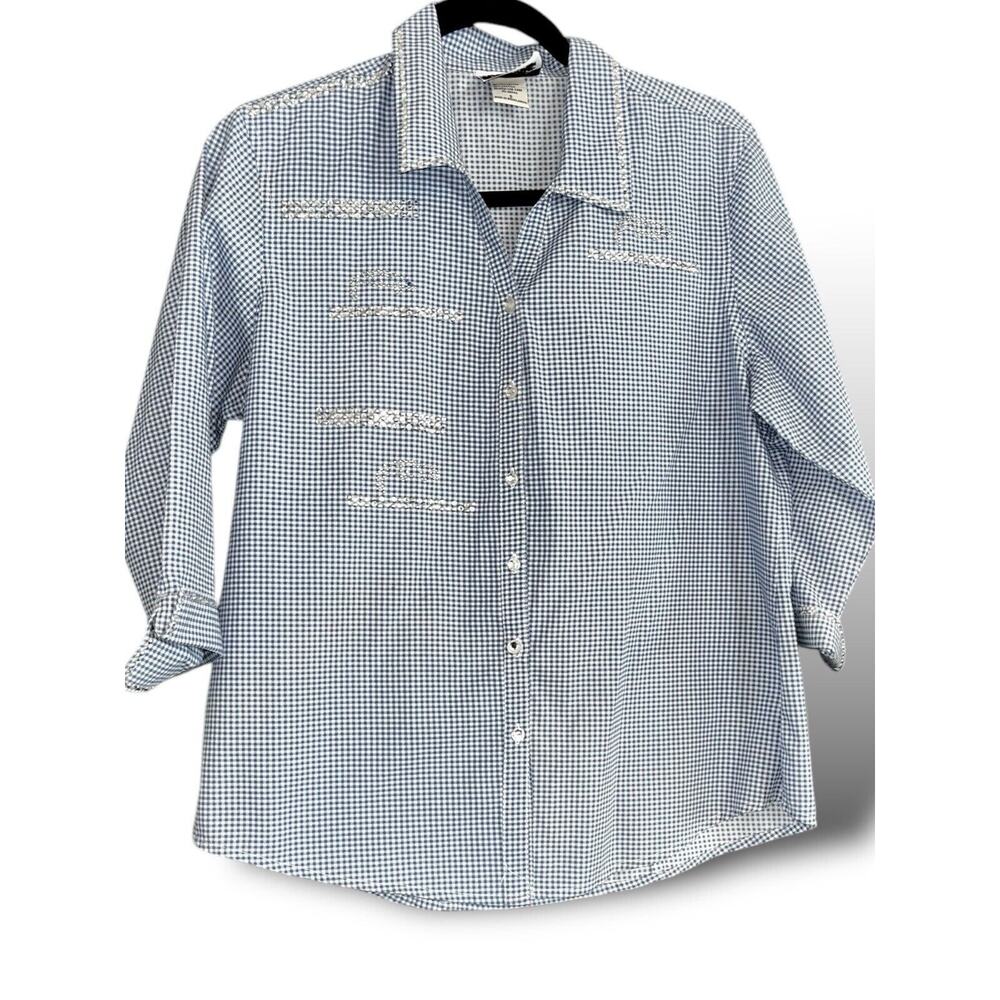 LANIE NEW YORK Navy Blue Gingham Bling Dolphin Design Blouse Size Small